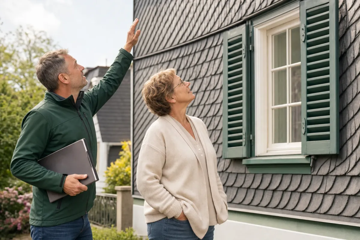 Ein Energieberater und eine Eigentümerin stehen vor einem für Solingen typischen Wohnhaus und sehen zum Dachrand hinauf.