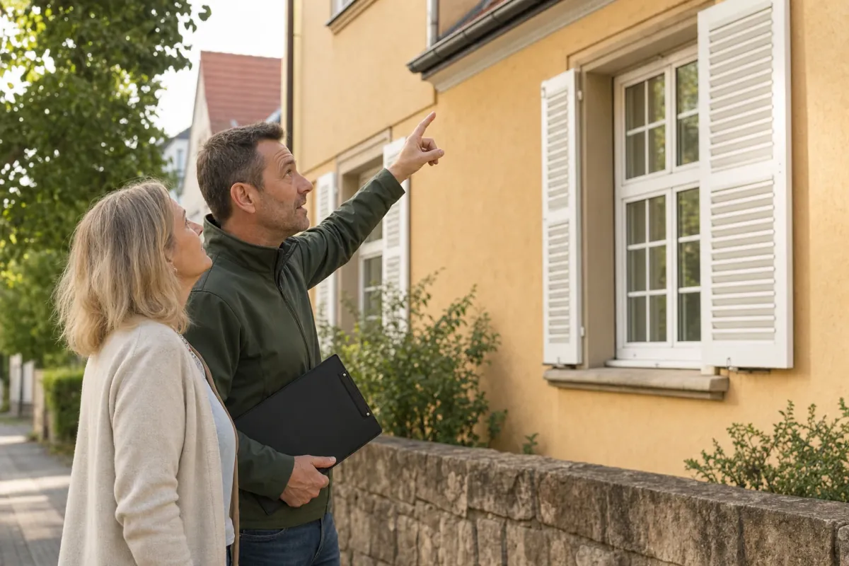 Ein Energieberater und eine Eigentümerin stehen vor einem für Stuttgart typischen Wohnhaus und sehen zum Dachrand hinauf.
