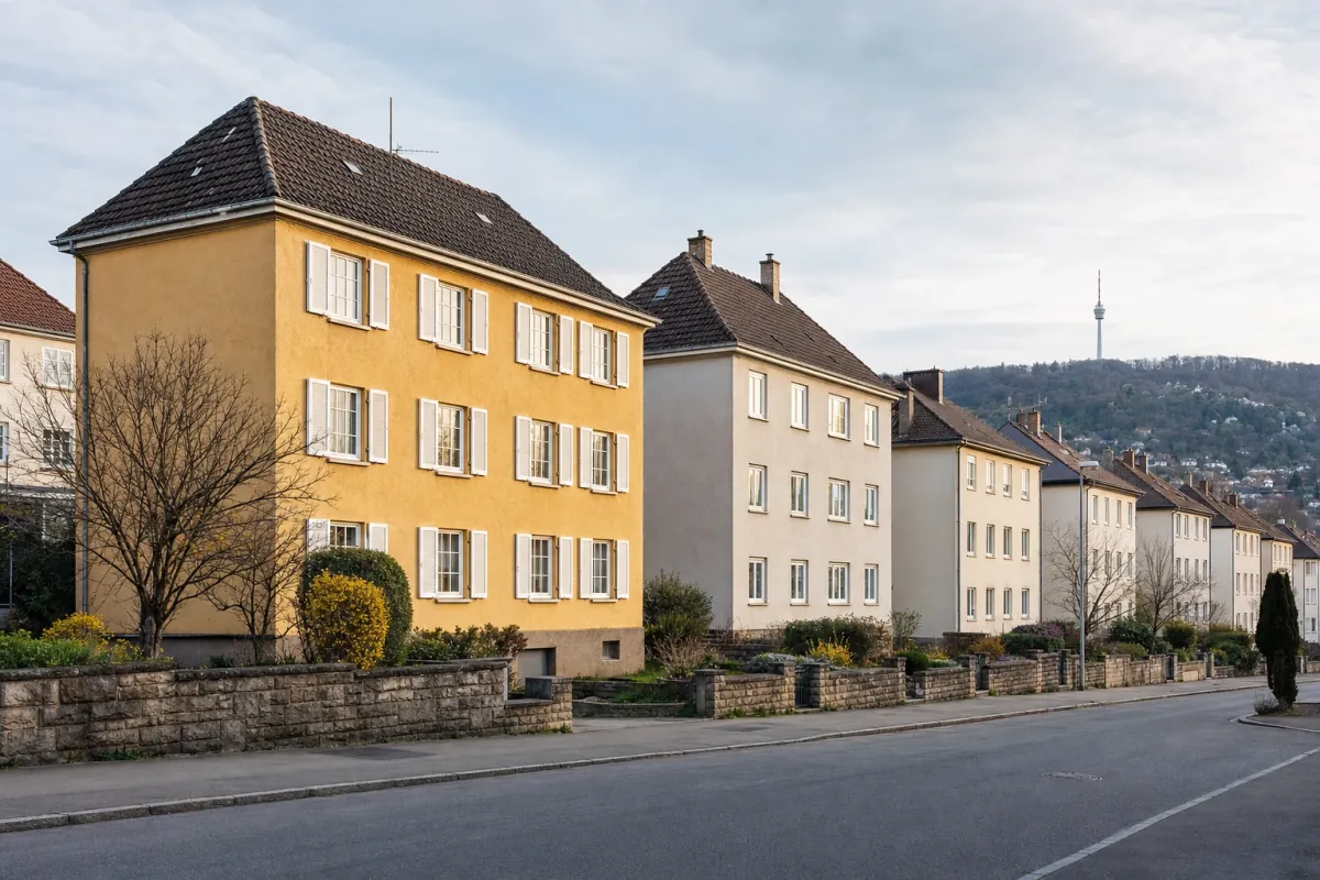 Wohnstraße in Stuttgart: die für die Stadt typische Bebauung, im Hintergrund über den Dächern ein Wahrzeichen der Stadt.