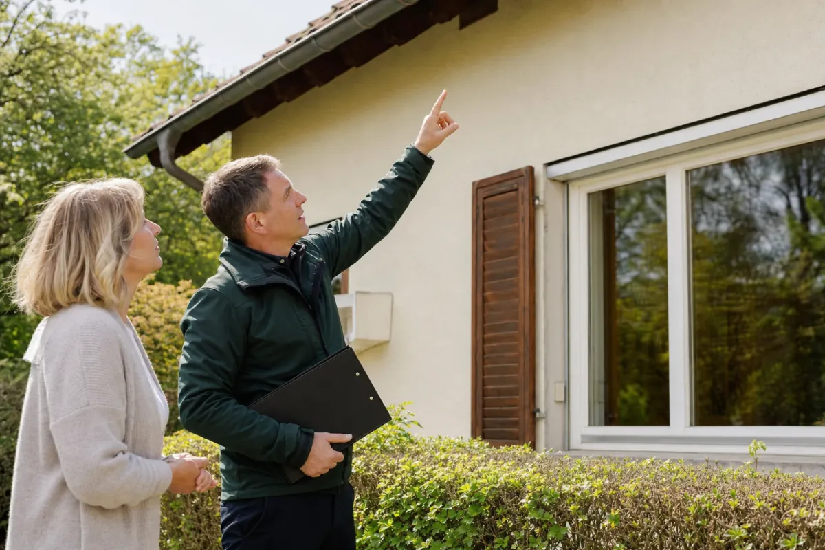 Ein Energieberater und eine Eigentümerin stehen vor einem für Tübingen typischen Wohnhaus und sehen zum Dachrand hinauf.