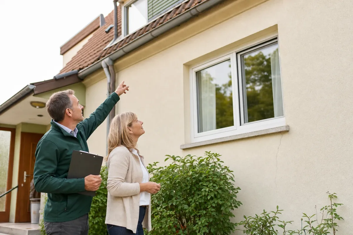 Ein Energieberater und eine Eigentümerin stehen vor einem für Ulm typischen Wohnhaus und sehen zum Dachrand hinauf.