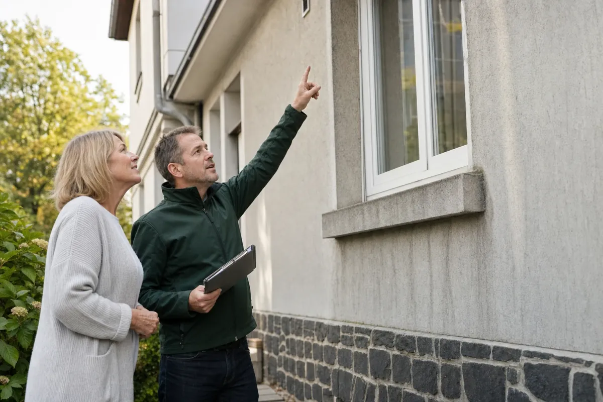 Ein Energieberater und eine Eigentümerin stehen vor einem für Velbert typischen Wohnhaus und sehen zum Dachrand hinauf.