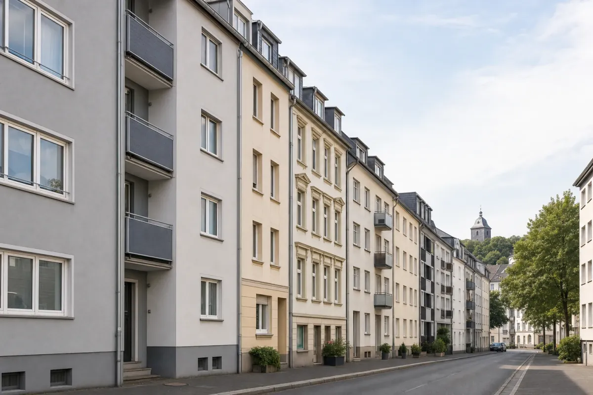 Wohnstraße in Velbert: die für die Stadt typische Bebauung, im Hintergrund über den Dächern ein Wahrzeichen der Stadt.
