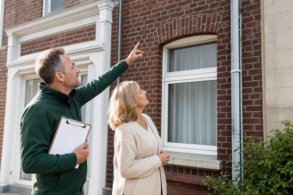 Ein Energieberater und eine Eigentümerin stehen vor einem für Witten typischen Wohnhaus und sehen zum Dachrand hinauf.
