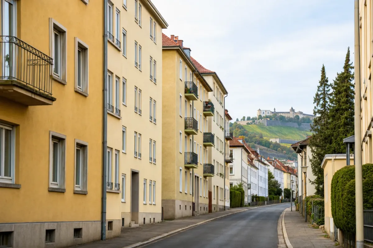 Wohnstraße in Würzburg: die für die Stadt typische Bebauung, im Hintergrund über den Dächern ein Wahrzeichen der Stadt.