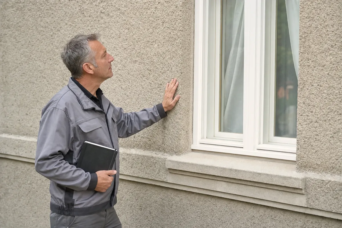 Ein Energieberater prüft von außen den Anschluss zwischen Fensterrahmen und Wand an einem für Zwickau typischen Wohnhaus.